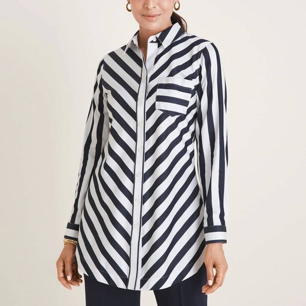 Chico's No-Iron Cotton-Blend Tretch Striped Button Down Tunic in Black & White